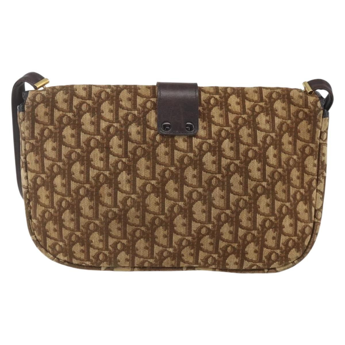 Christian Dior Trotter Canvas Shoulder Bag Beige Gold Auth 157258