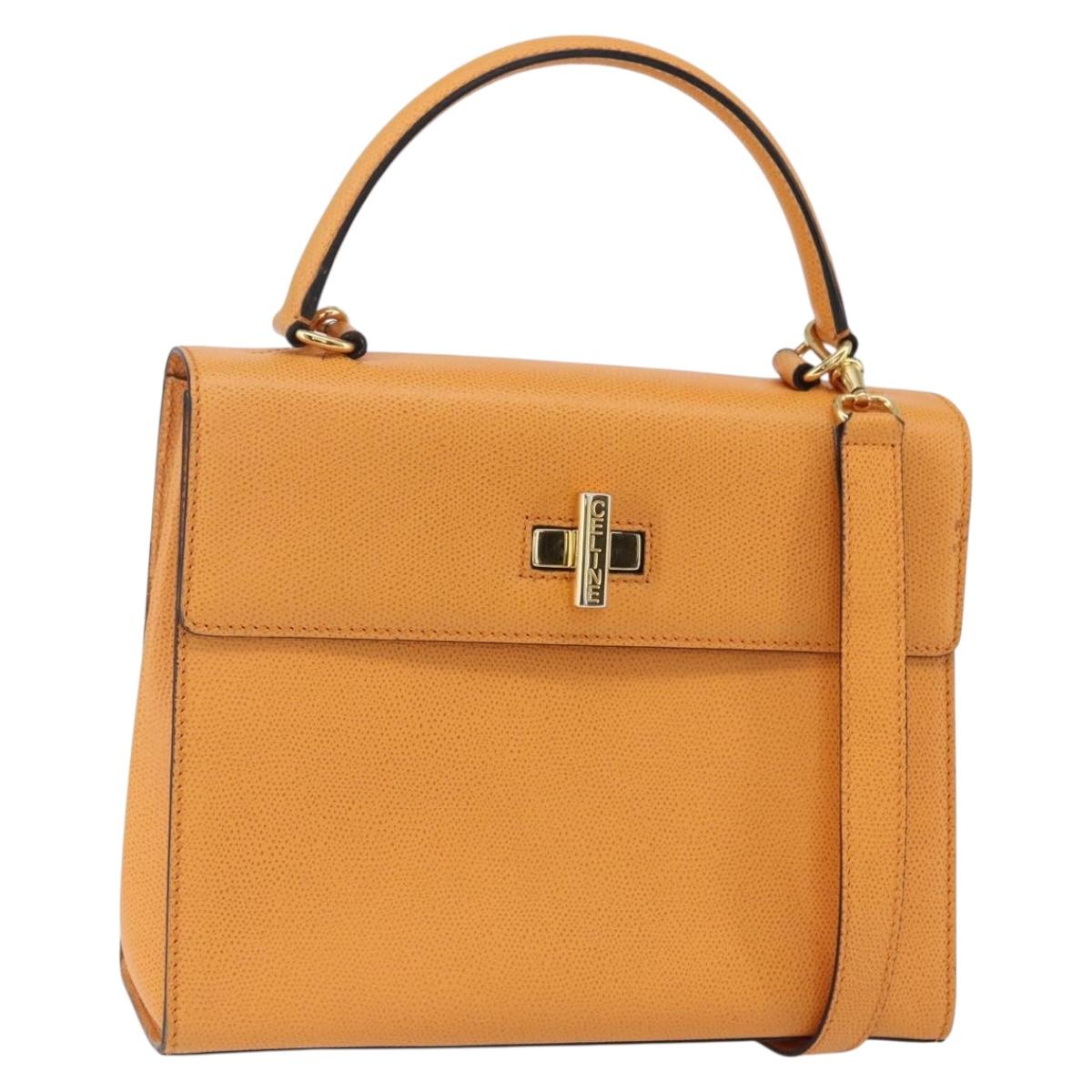 CELINE Hand Bag Leather 2way Orange Gold Auth 157260