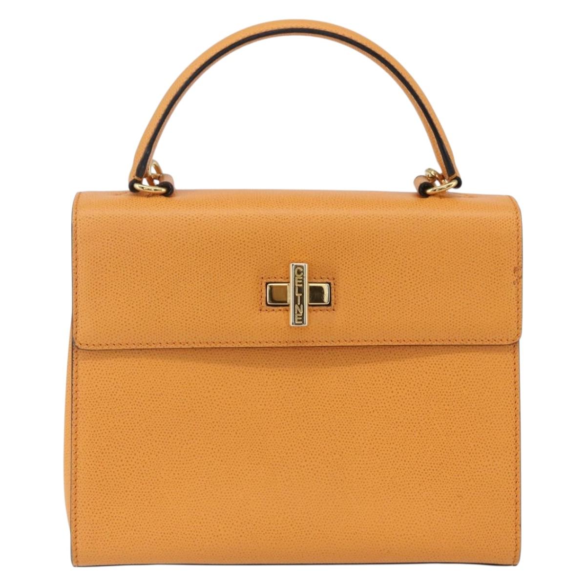 CELINE Hand Bag Leather 2way Orange Gold Auth 157260