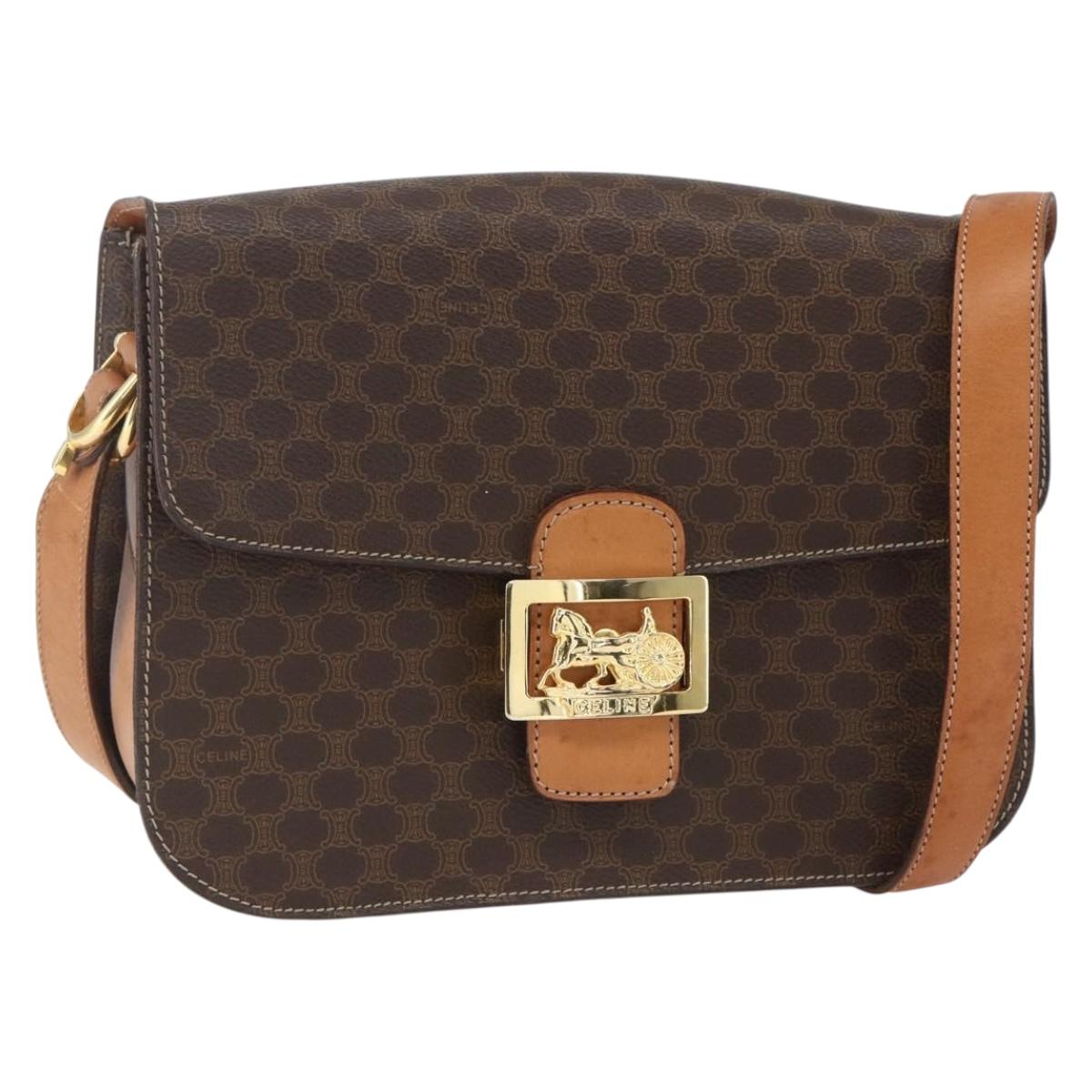 CELINE Macadam Canvas Horse Carriage Bag PVC Leather Brown Gold Auth 157263