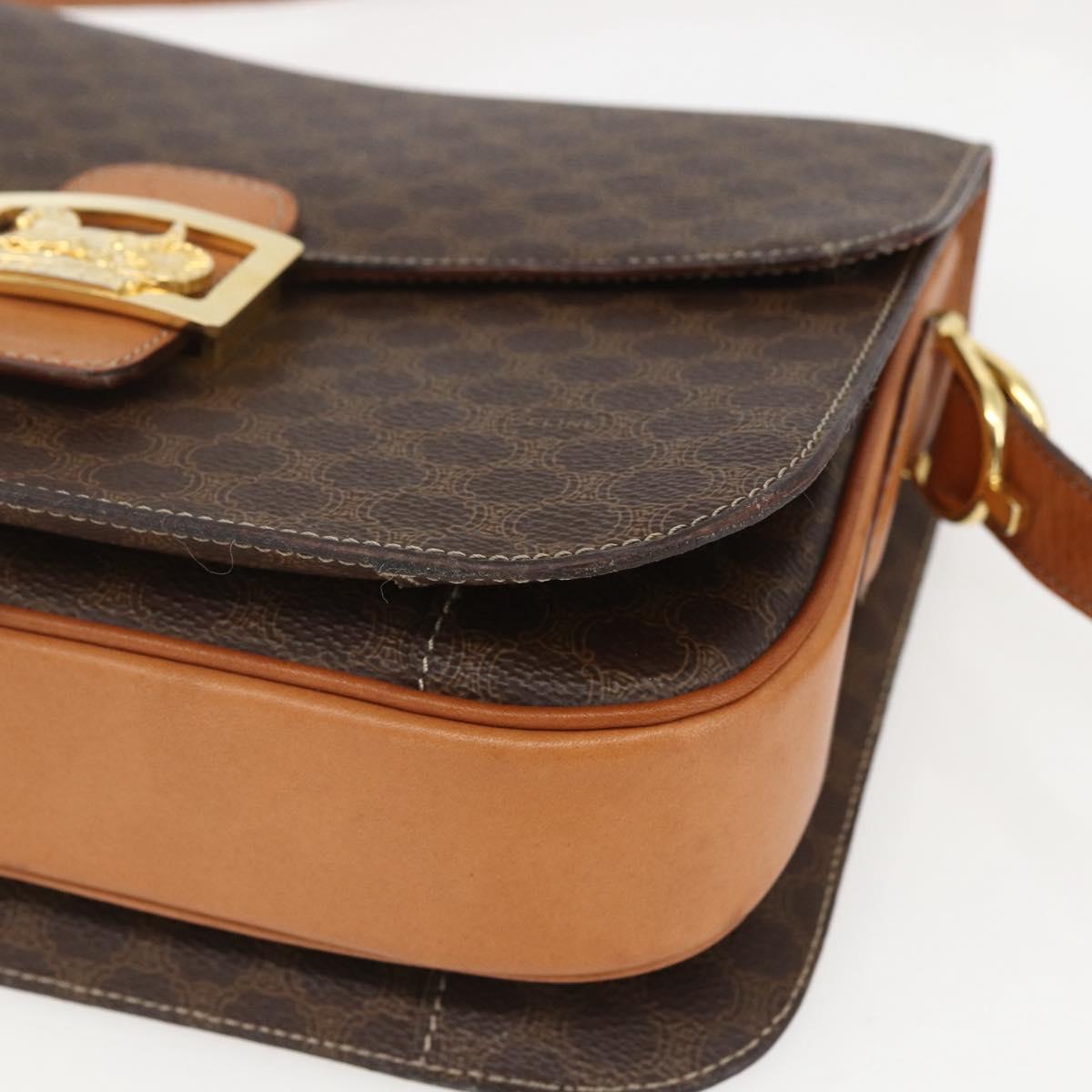 CELINE Macadam Canvas Horse Carriage Bag PVC Leather Brown Gold Auth 157263