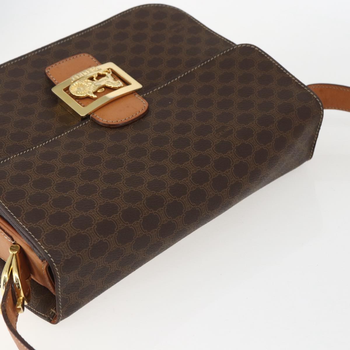 CELINE Macadam Canvas Horse Carriage Bag PVC Leather Brown Gold Auth 157263