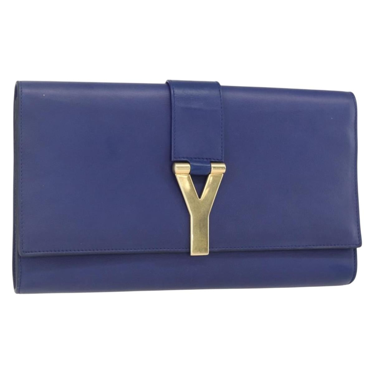 SAINT LAURENT Y line Clutch Bag Leather Blue Gold Auth 157266V