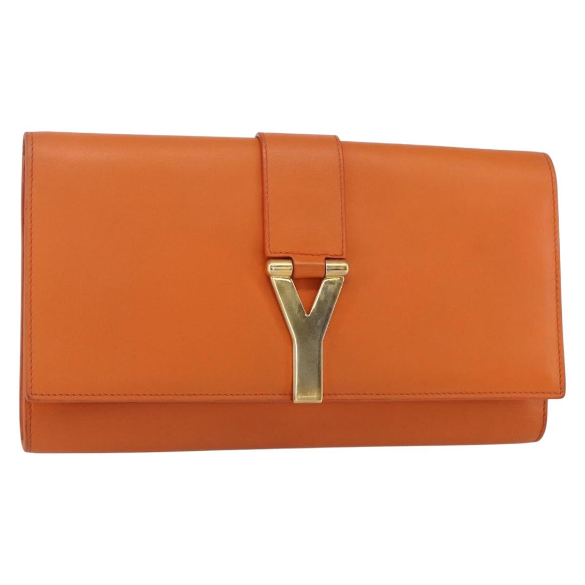 SAINT LAURENT Y line Clutch Bag Leather Orange Gold Auth 157267V
