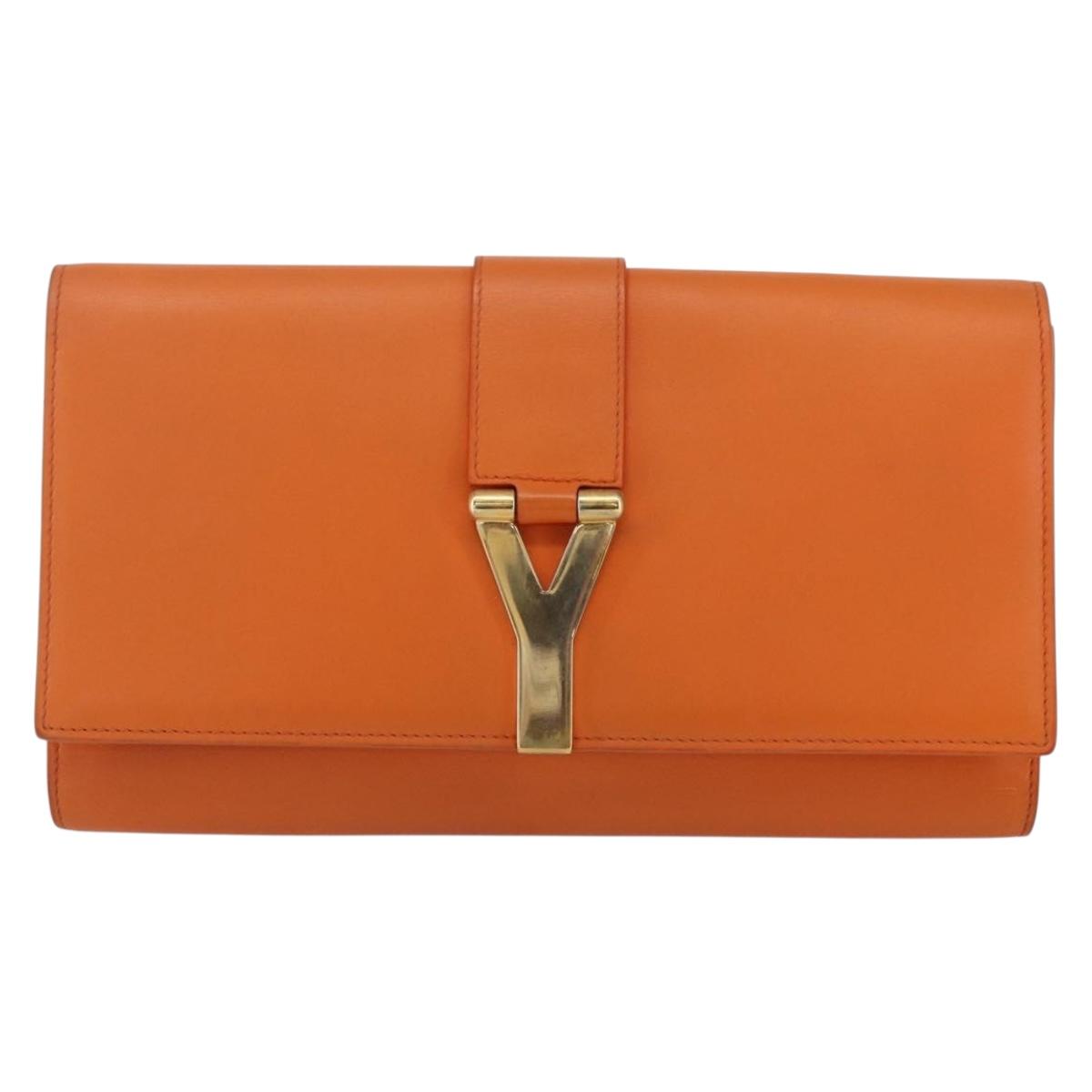 SAINT LAURENT Y line Clutch Bag Leather Orange Gold Auth 157267V