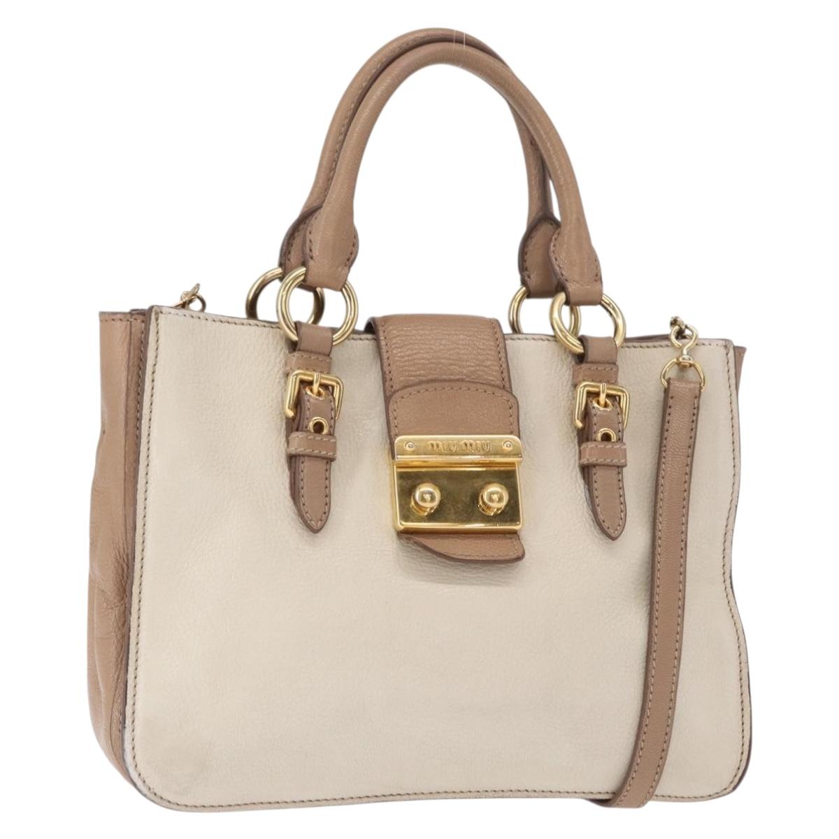 Miu Miu Madras Hand Bag Leather 2way Beige Gold Auth 157273