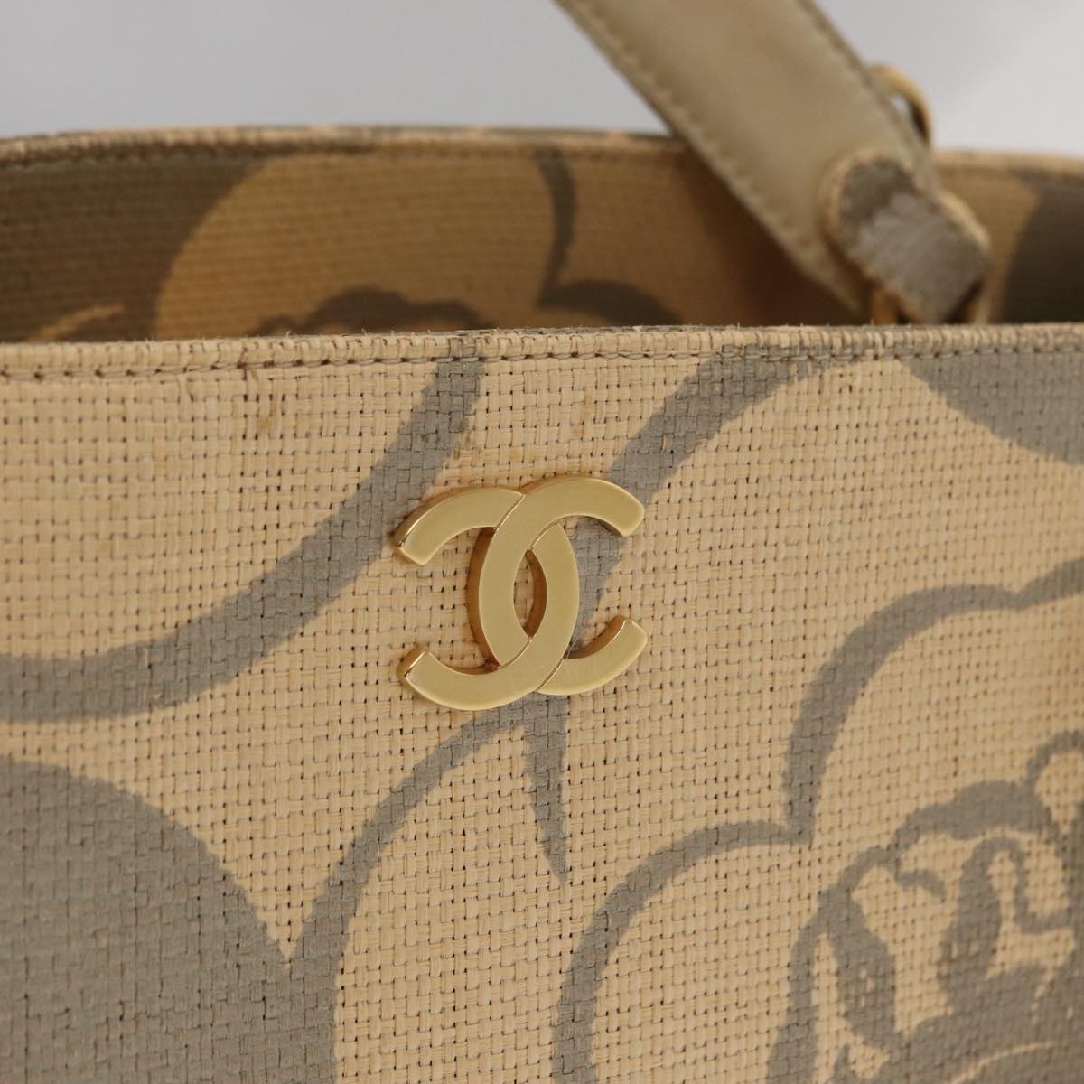 CHANEL Camelia Tote Bag Straw Beige Gold CC Auth 157274
