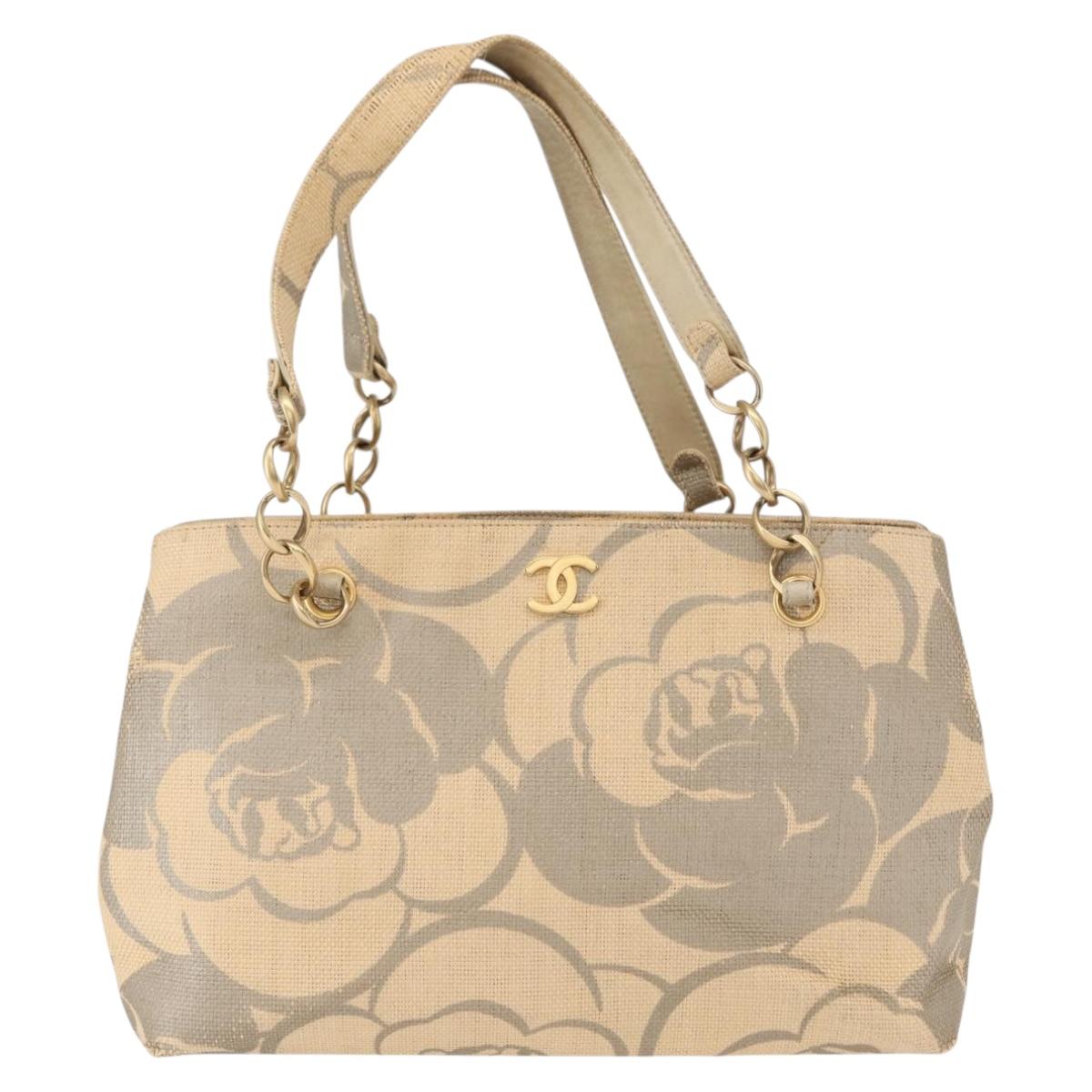 CHANEL Camelia Tote Bag Straw Beige Gold CC Auth 157274