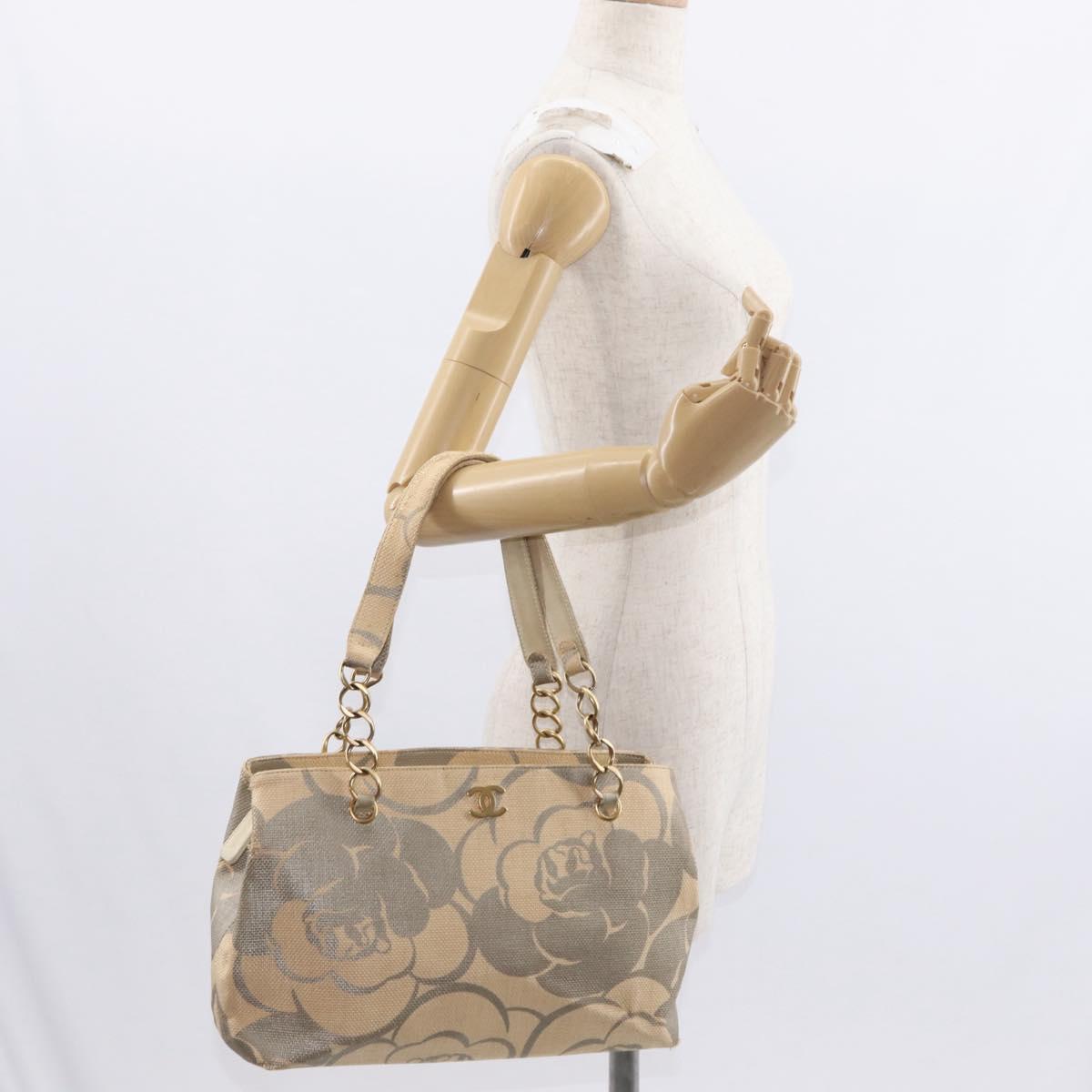 CHANEL Camelia Tote Bag Straw Beige Gold CC Auth 157274