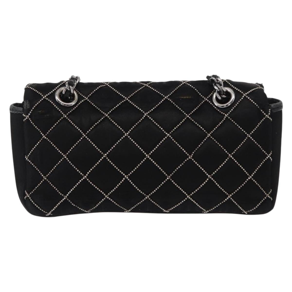 CHANEL Matelasse Chain Shoulder Bag Satin Black Silver CC Auth 157278