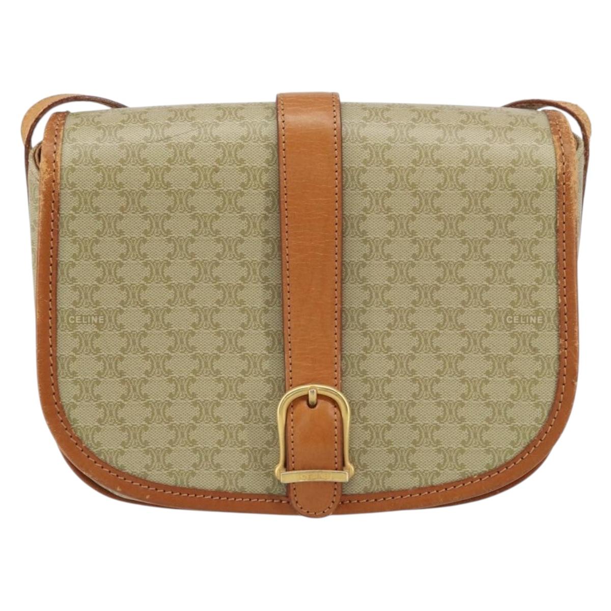 CELINE Macadam Canvas Shoulder Bag PVC Beige Gold Auth 157310