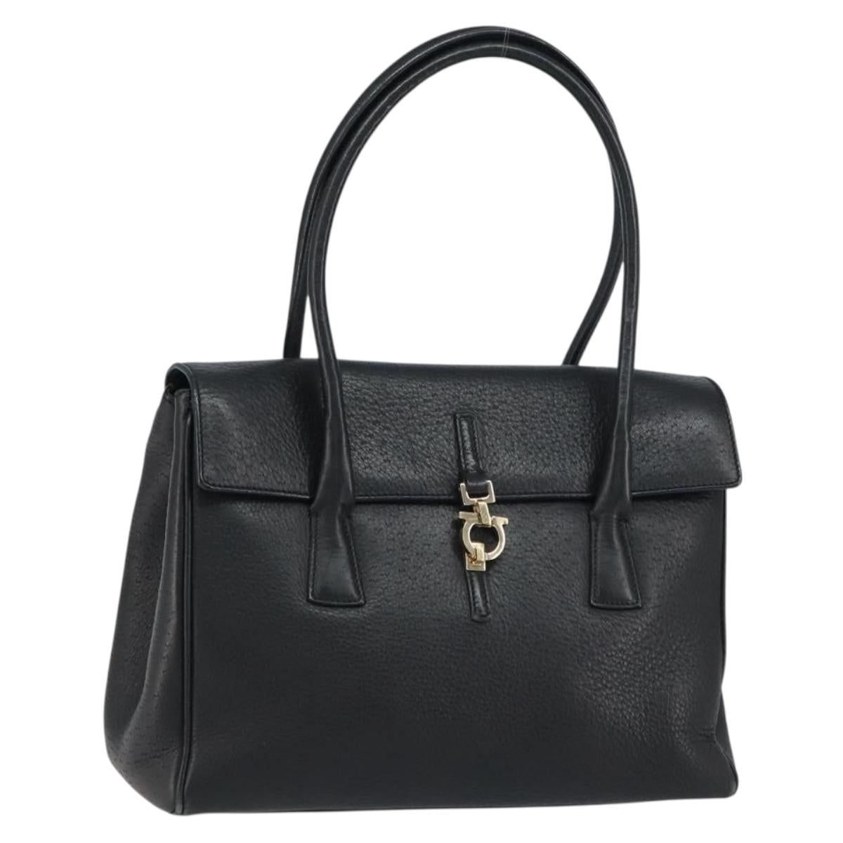 Salvatore Ferragamo Gancini Hand Bag Leather Black Gold Auth 157314