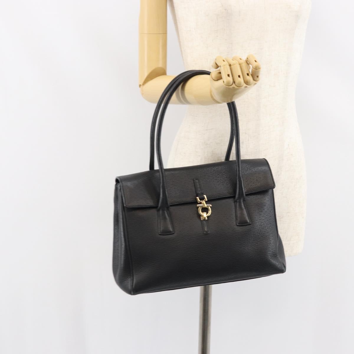 Salvatore Ferragamo Gancini Hand Bag Leather Black Gold Auth 157314