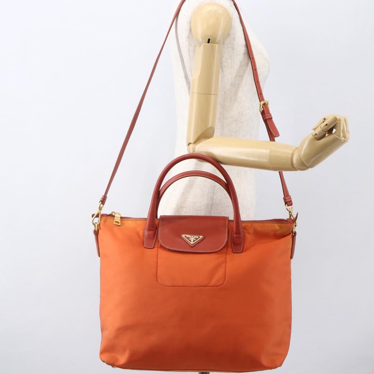 PRADA Hand Bag Nylon Leather 2way Orange Gold Auth 157321