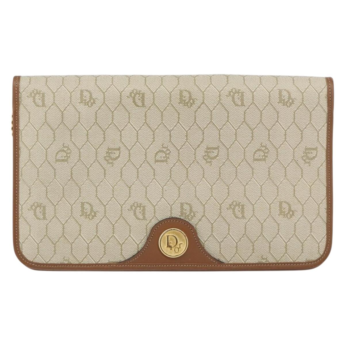 Christian Dior Honeycomb Canvas Chain Shoulder Bag PVC Beige Gold Auth 157341