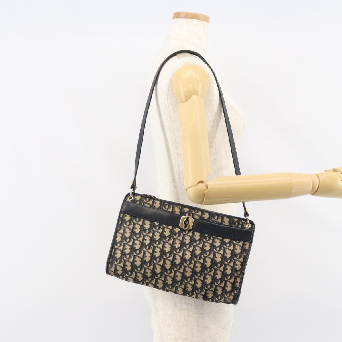 Christian Dior Trotter Canvas Shoulder Bag Navy Gold Auth 157344