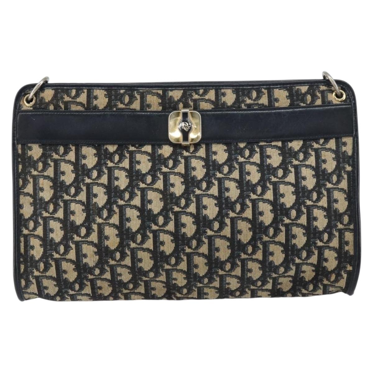 Christian Dior Trotter Canvas Shoulder Bag Navy Gold Auth 157344