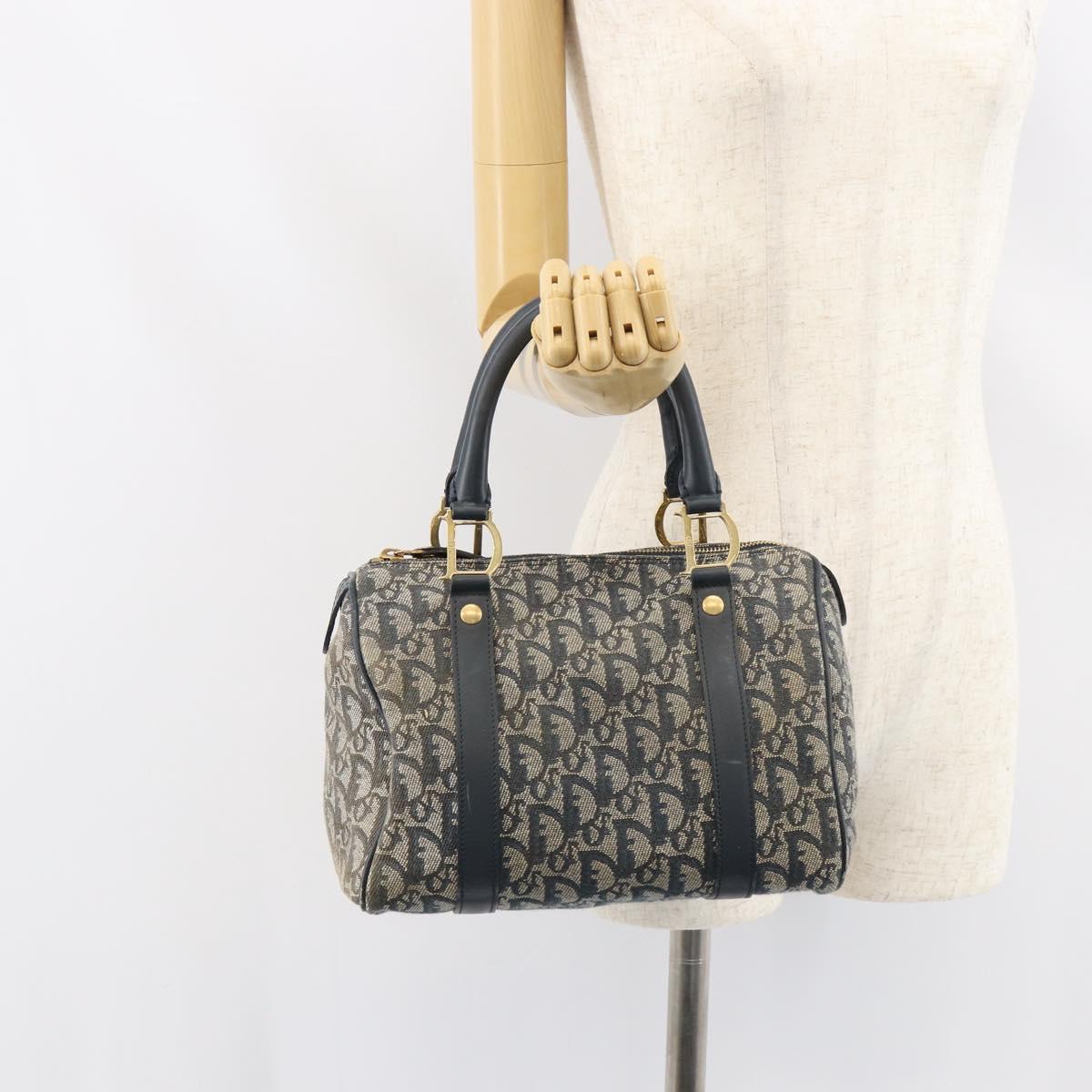 Christian Dior Trotter Canvas Mini Boston Bag Navy Gold Auth 157345