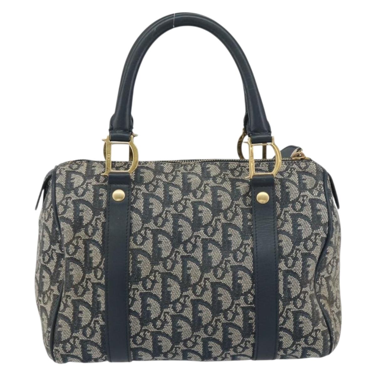 Christian Dior Trotter Canvas Mini Boston Bag Navy Gold Auth 157345