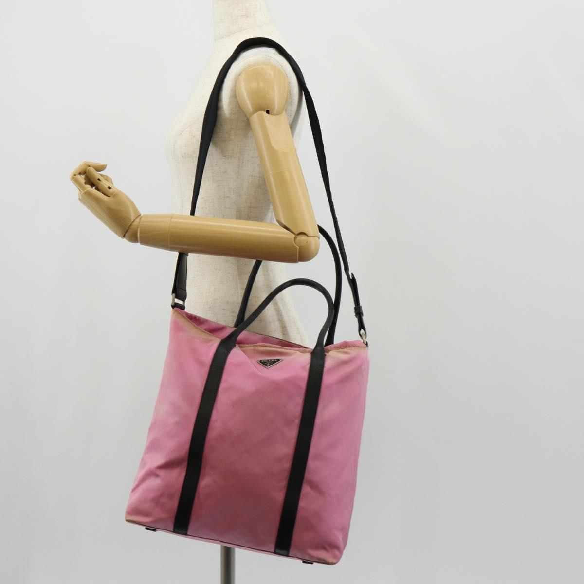 PRADA Hand Bag Nylon Leather 2way Pink Black Auth 157377