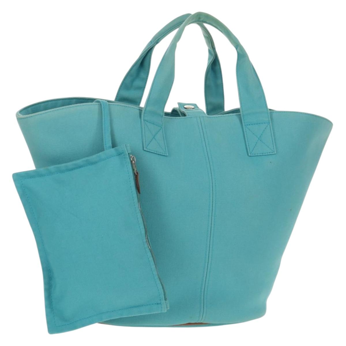 HERMES Panier Plage PM Hand Bag Canvas Light Blue Silver Auth 157382