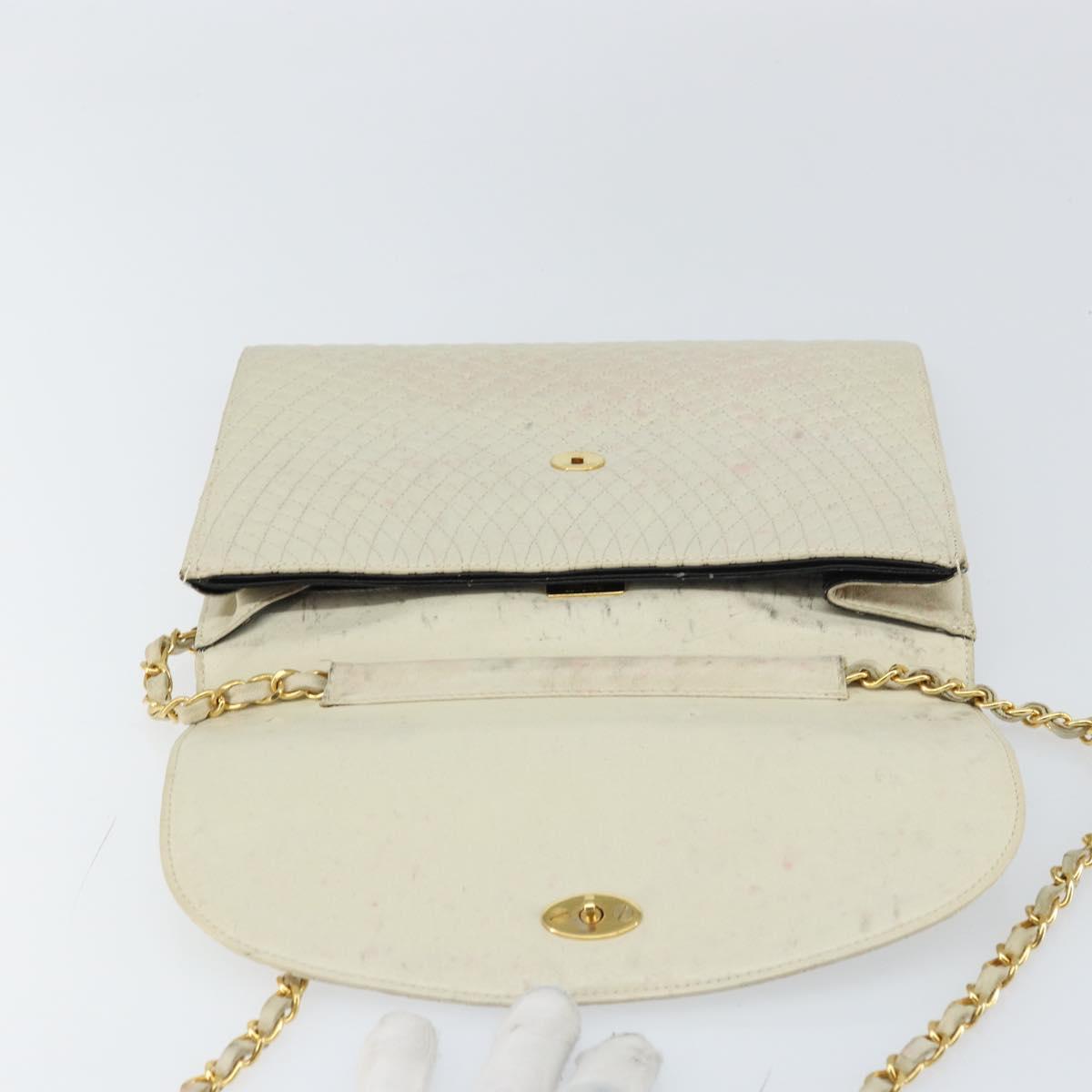 BALLY Quilted Chain Shoulder Bag Leather White Gold Auth 157424