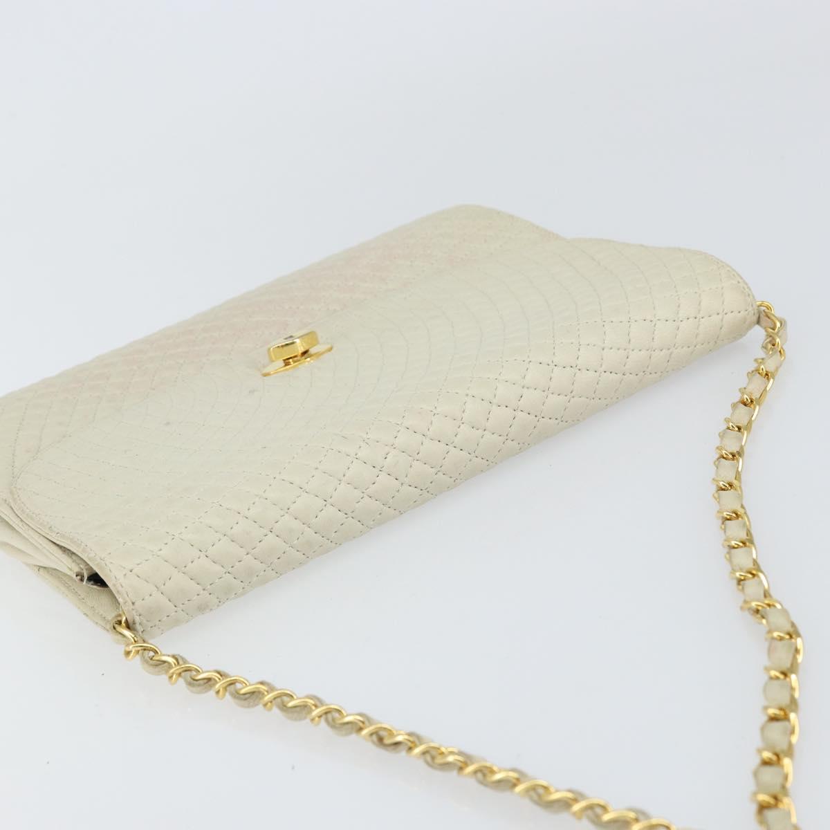 BALLY Quilted Chain Shoulder Bag Leather White Gold Auth 157424