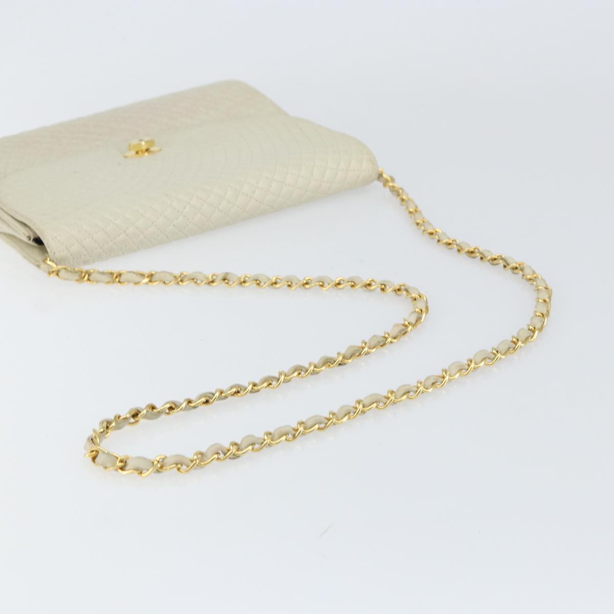 BALLY Quilted Chain Shoulder Bag Leather White Gold Auth 157424