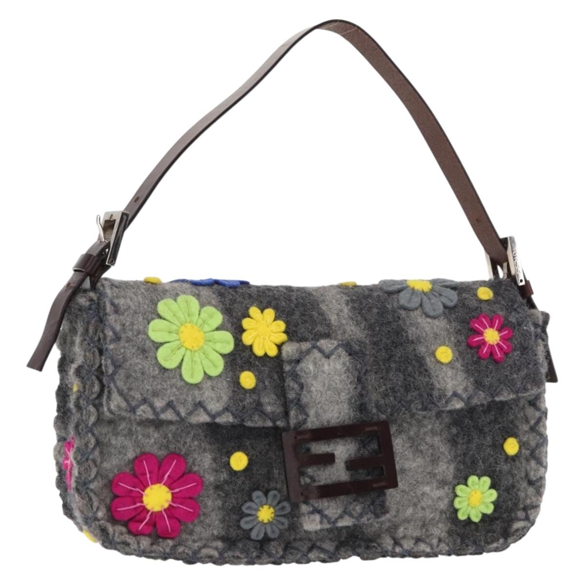 FENDI Floral Mamma Baguette Shoulder Bag Felt Gray Silver Auth 157450SM
