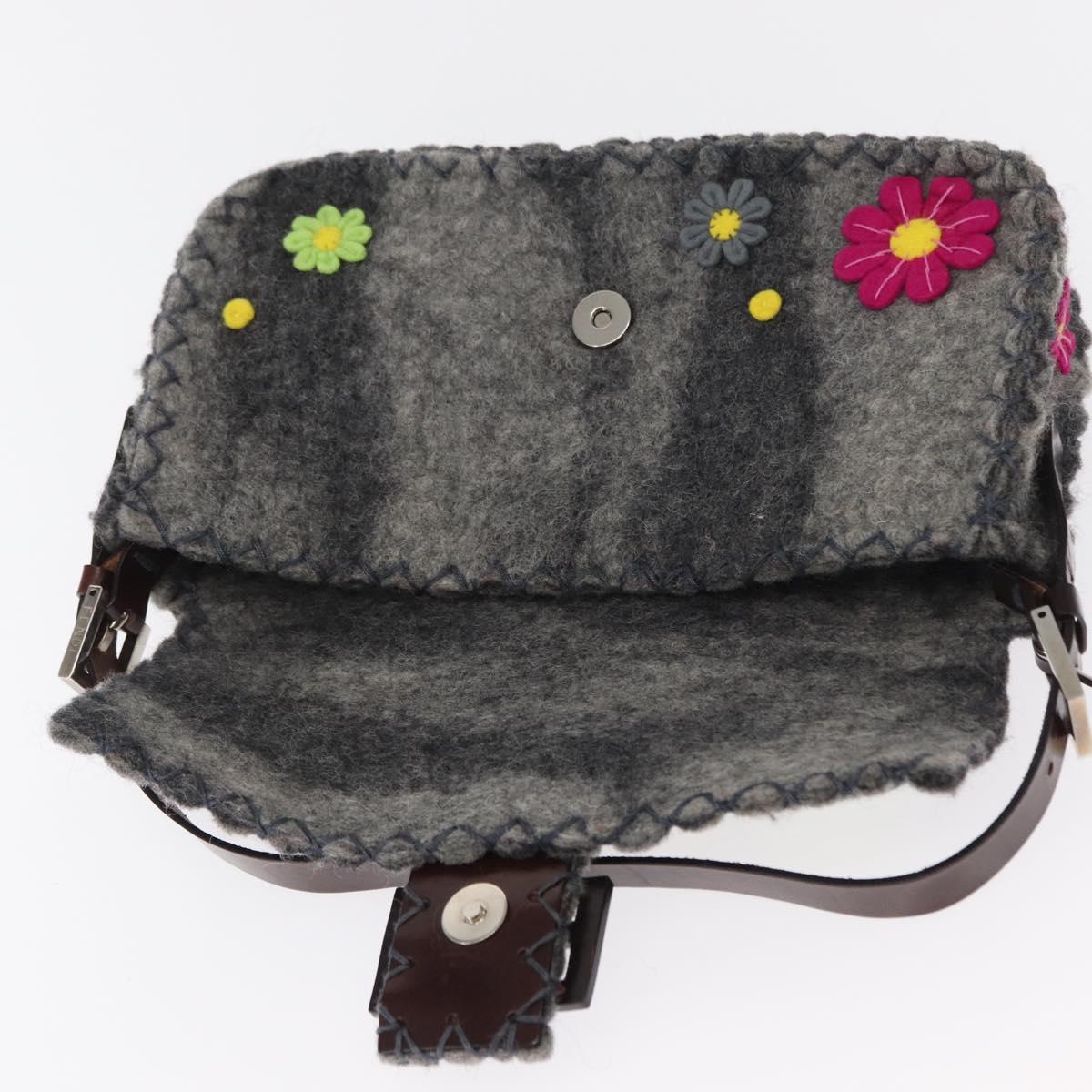 FENDI Floral Mamma Baguette Shoulder Bag Felt Gray Silver Auth 157450SM
