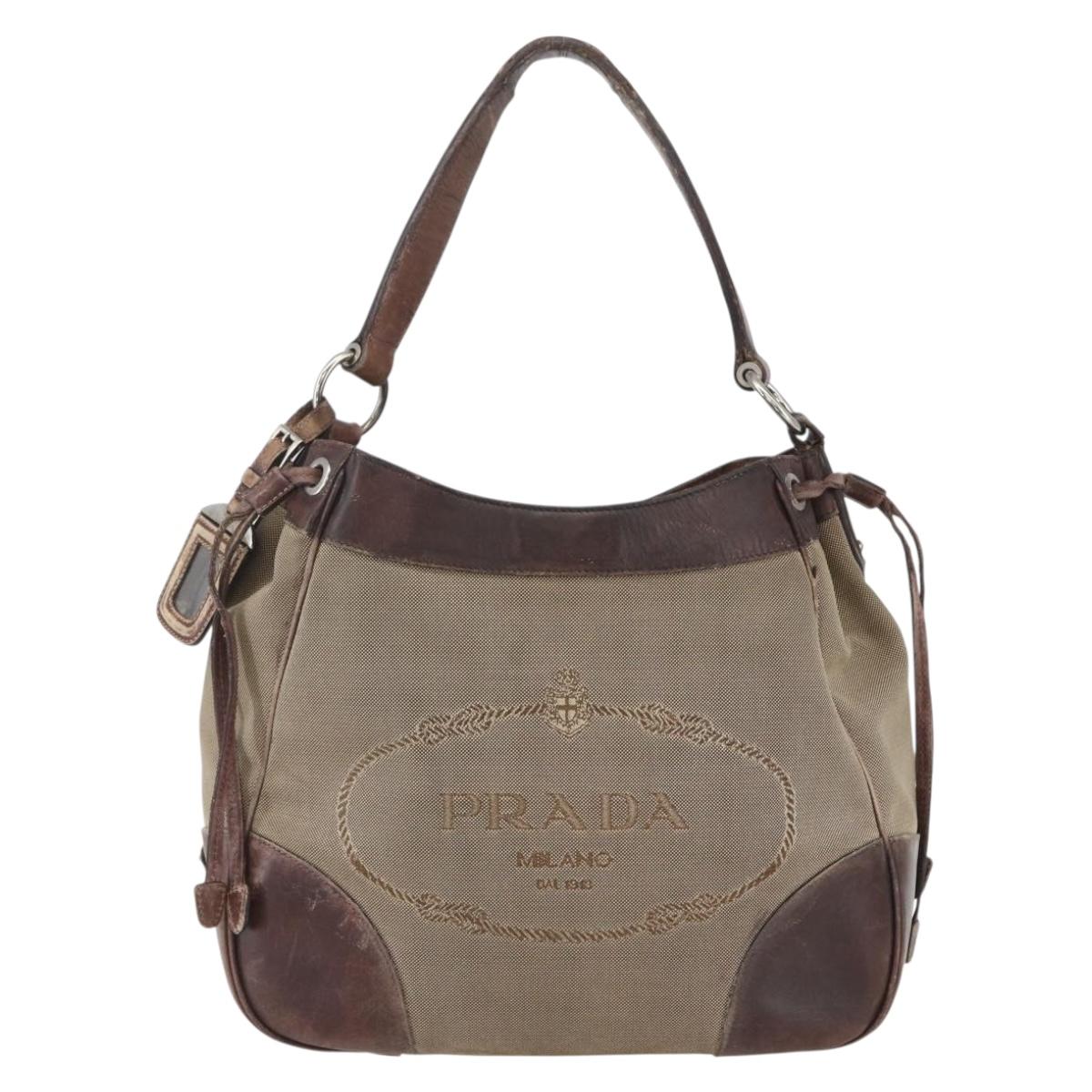 PRADA Tote Bag Canvas Beige Silver Auth 157454