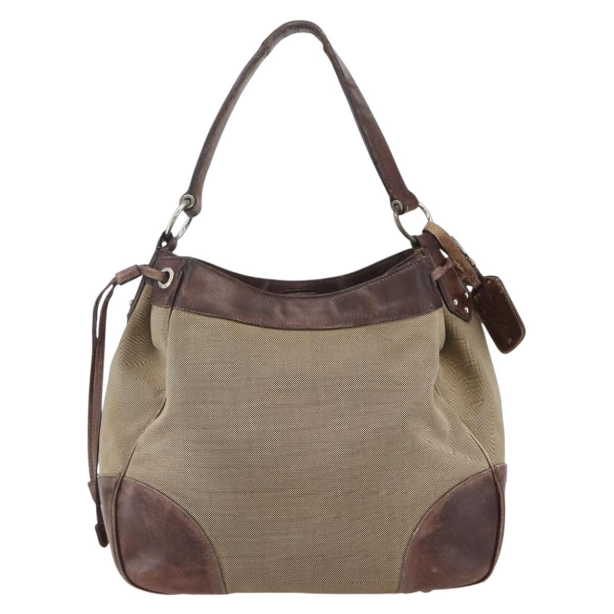 PRADA Tote Bag Canvas Beige Silver Auth 157454