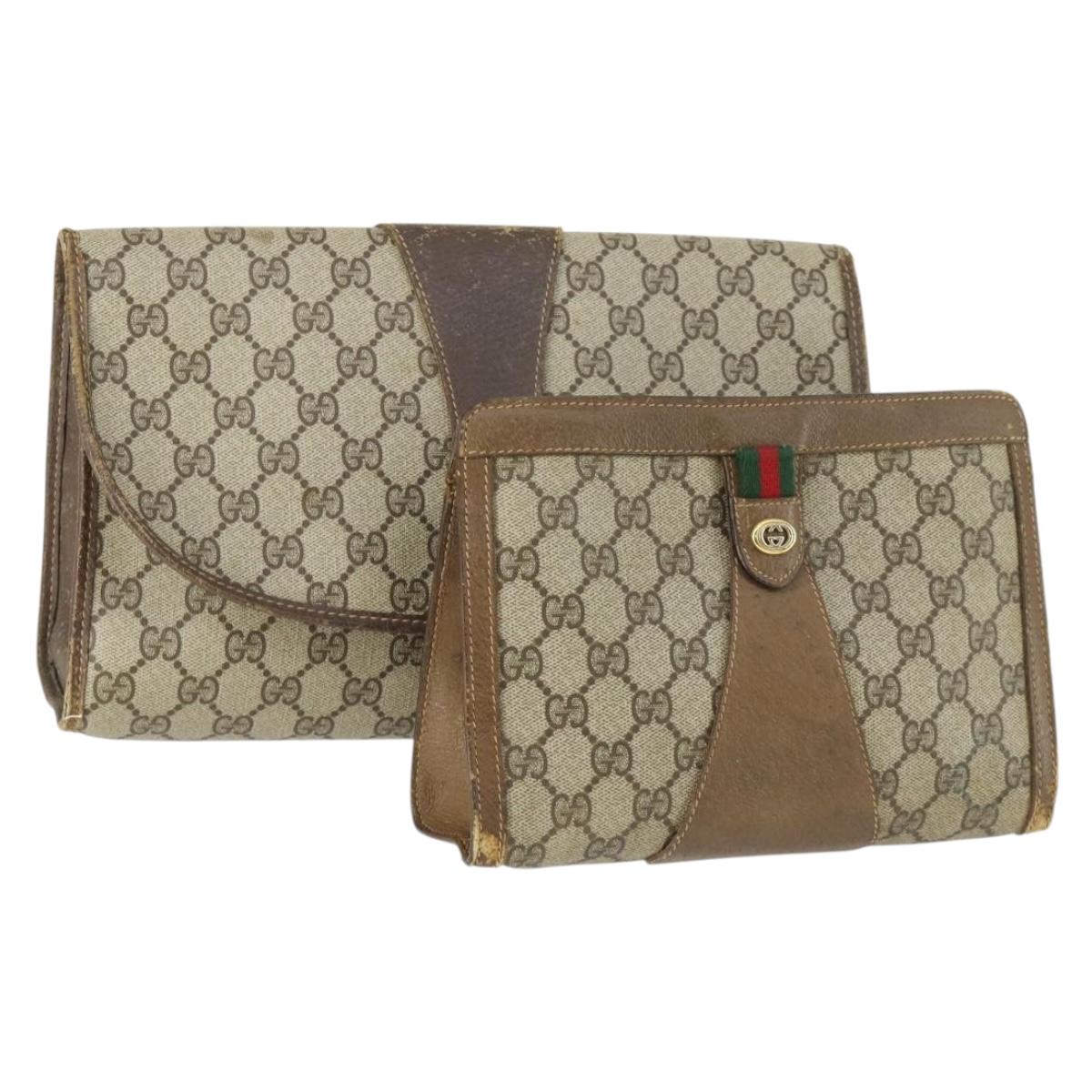 GUCCI GG Supreme Web Sherry Line Clutch Bag PVC Leather 2 Set Beige Auth 157519