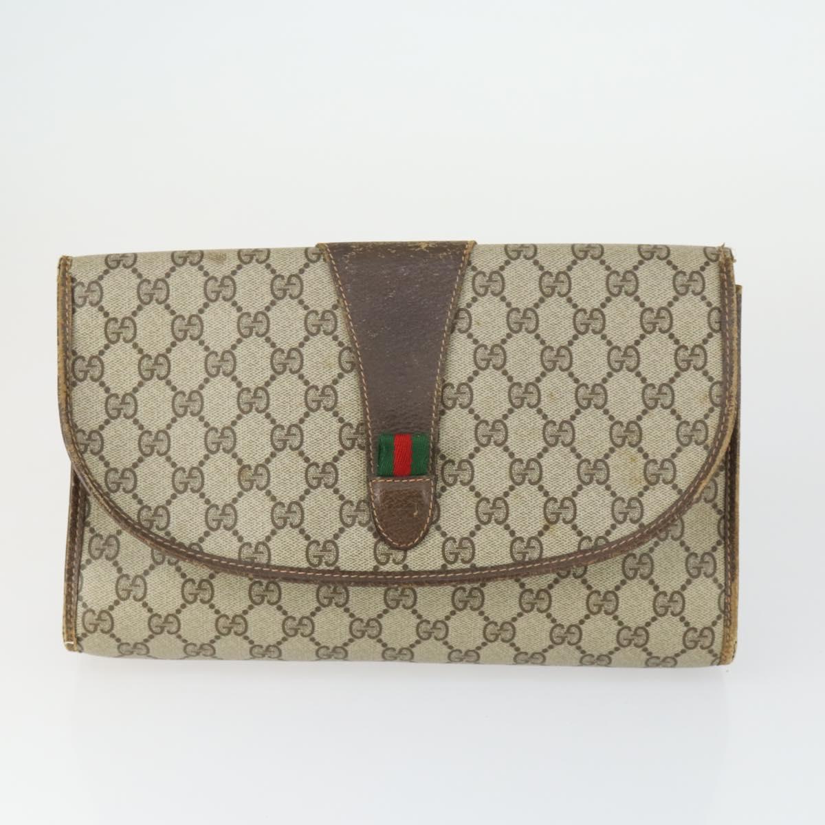 GUCCI GG Supreme Web Sherry Line Clutch Bag PVC Leather 2 Set Beige Auth 157519