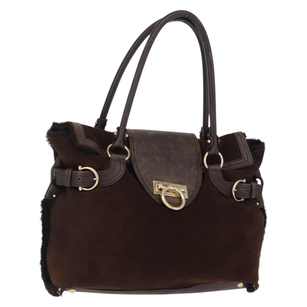 Salvatore Ferragamo Gancini Hand Bag Suede Brown Gold Auth 157530