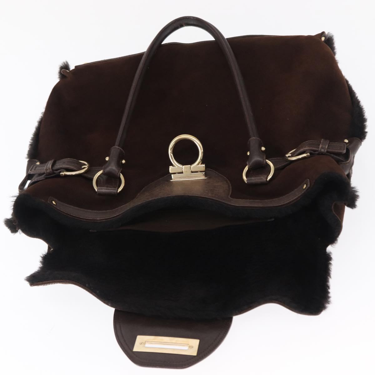 Salvatore Ferragamo Gancini Hand Bag Suede Brown Gold Auth 157530