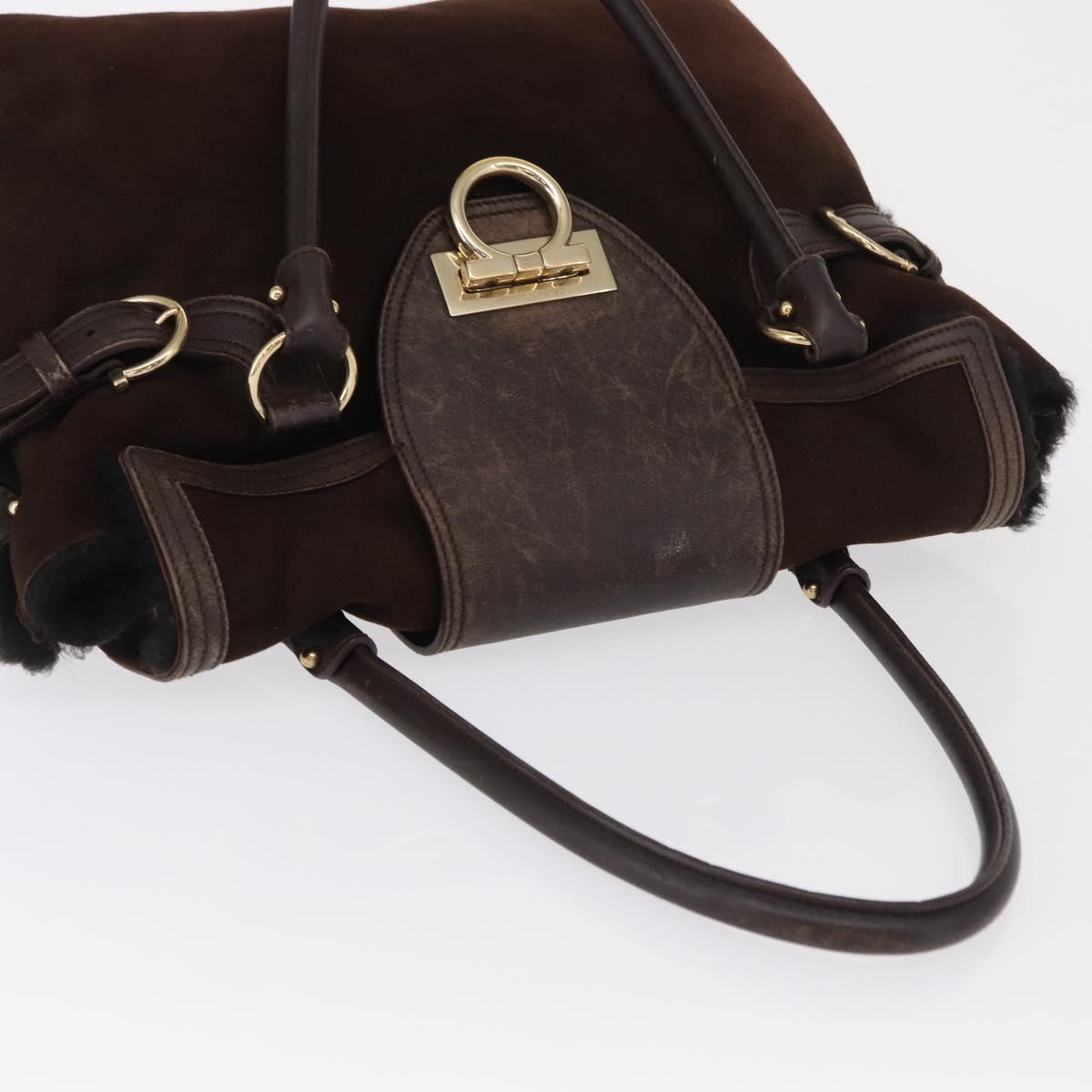 Salvatore Ferragamo Gancini Hand Bag Suede Brown Gold Auth 157530