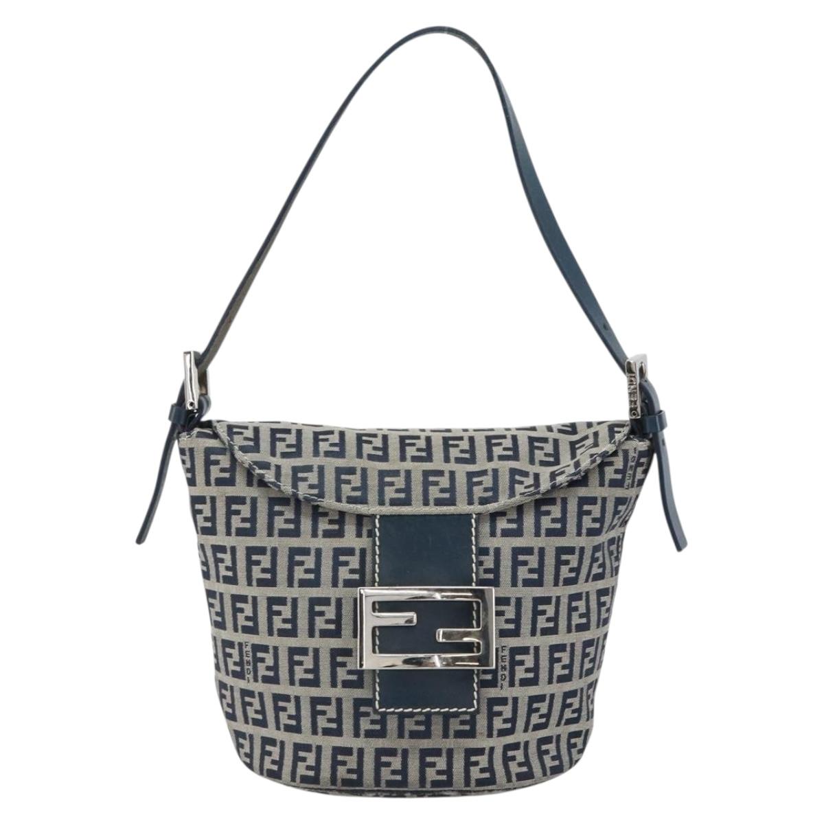 FENDI Zucchino Canvas Mamma Baguette Hand Bag Navy Silver Auth 157532