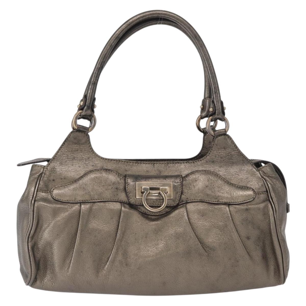 Salvatore Ferragamo Gancini Hand Bag Leather Gold Auth 157533