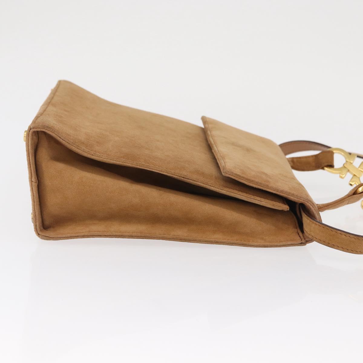 Salvatore Ferragamo Gancini Hand Bag Suede 2way Beige Gold Auth 157544