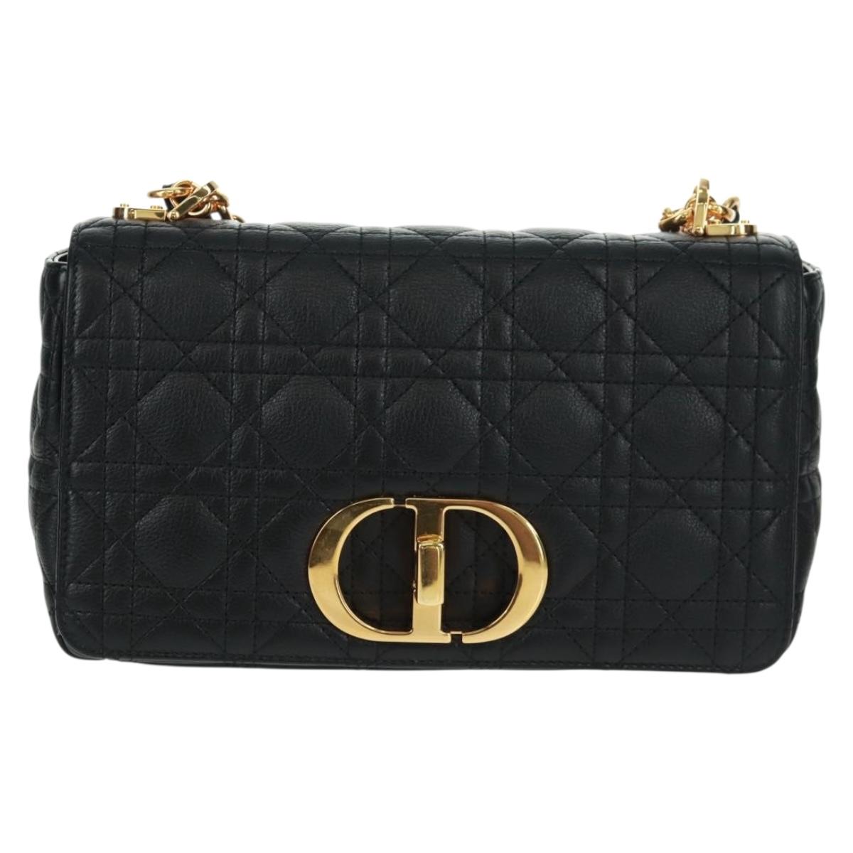 Christian Dior Caro Medium Cannage Bag Calf Skin Black Gold Auth 157570SM