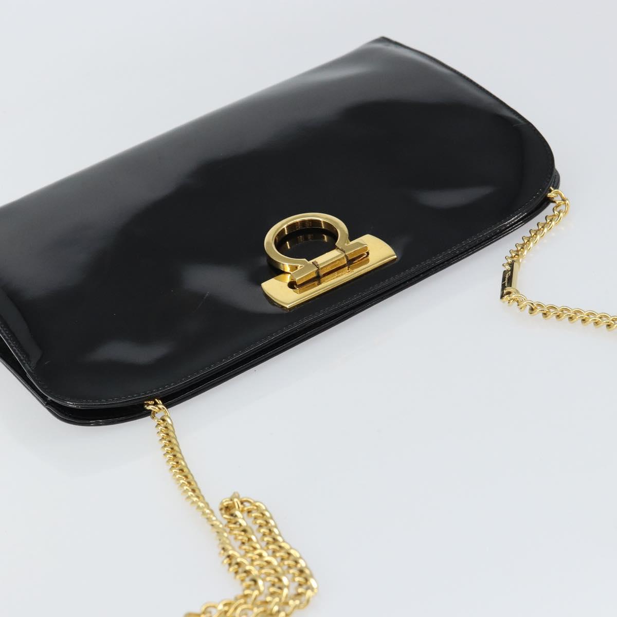Salvatore Ferragamo Chain Gancini Shoulder Bag Enamel Black Gold Auth 157615