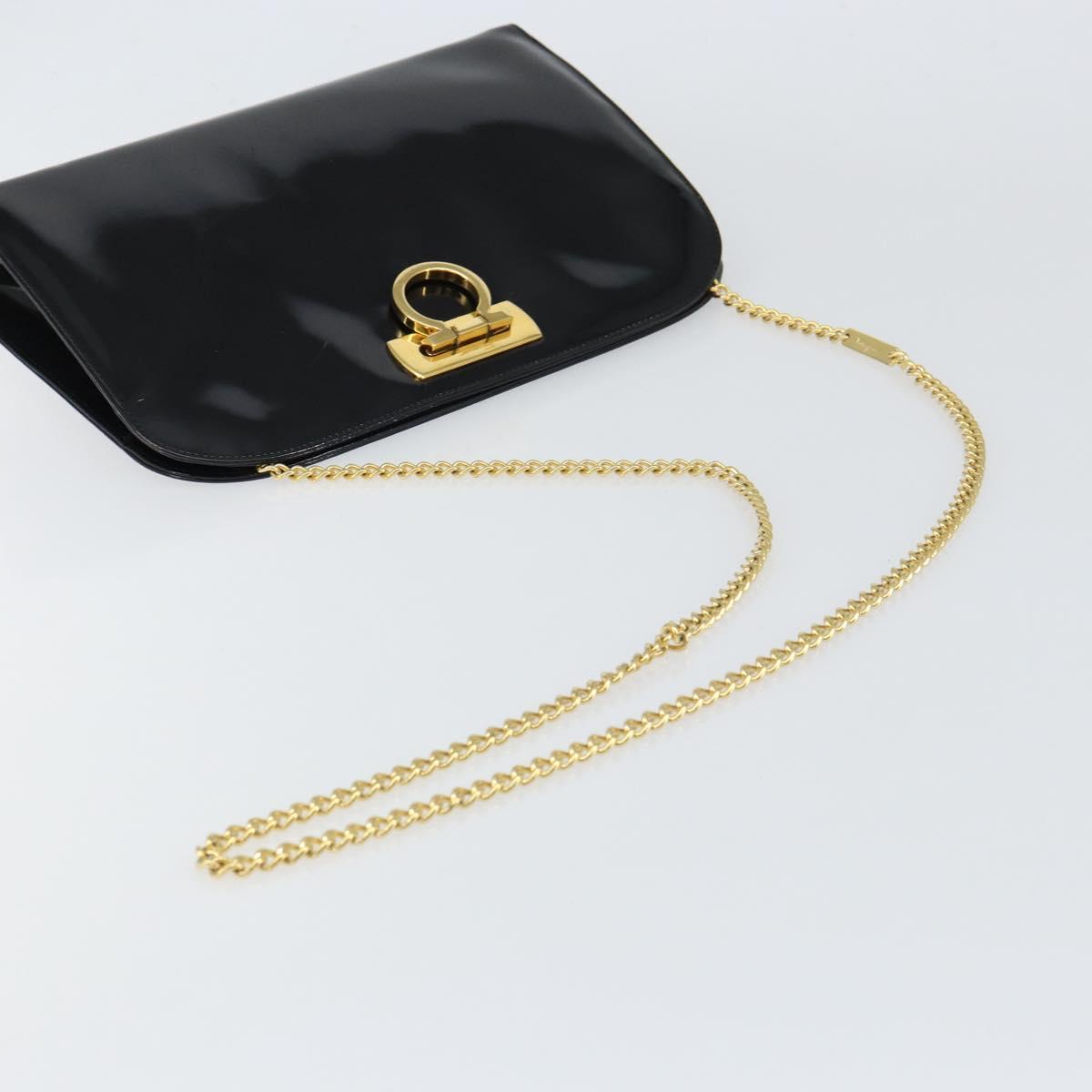 Salvatore Ferragamo Chain Gancini Shoulder Bag Enamel Black Gold Auth 157615