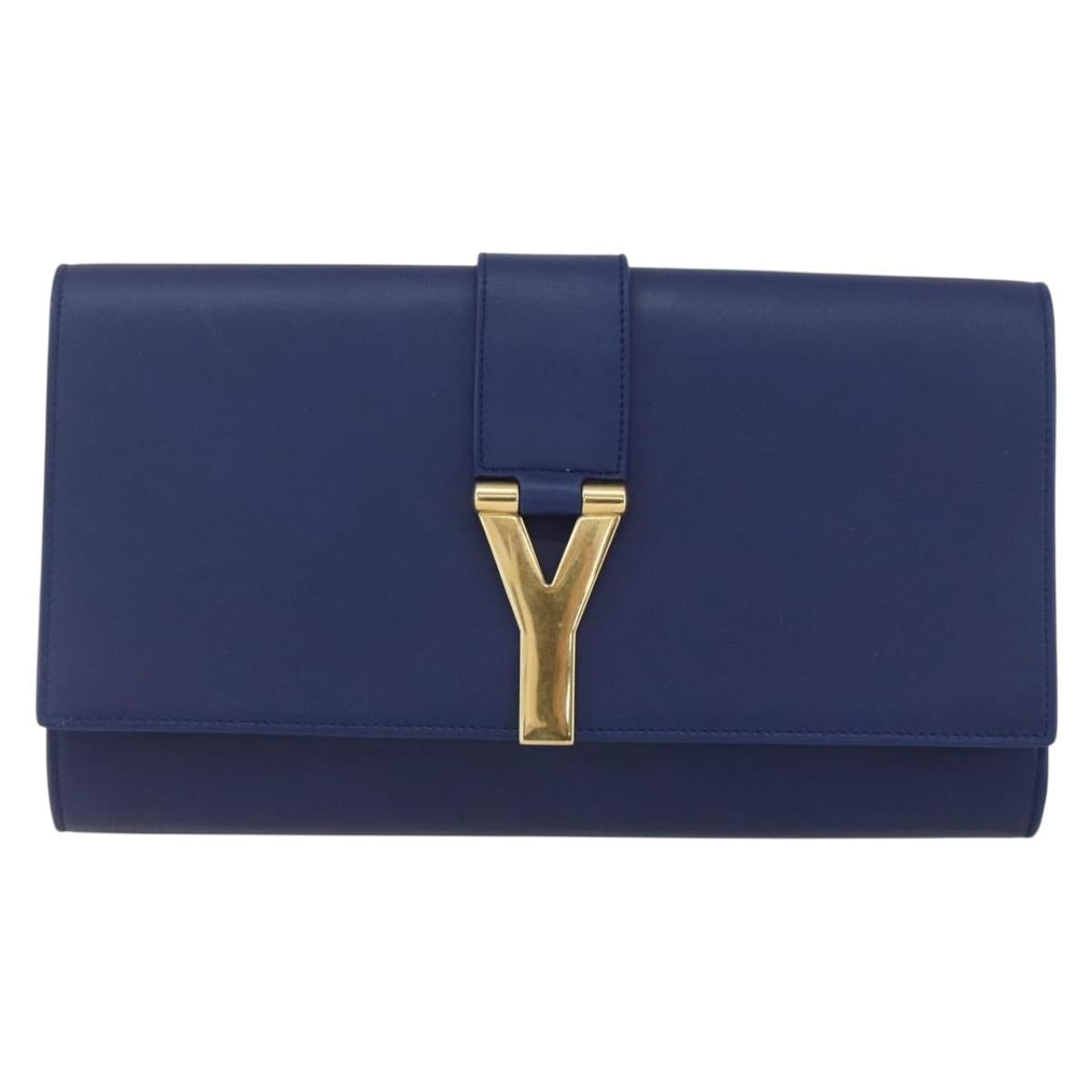 SAINT LAURENT Y line Clutch Bag Leather Blue Gold Auth 157641V