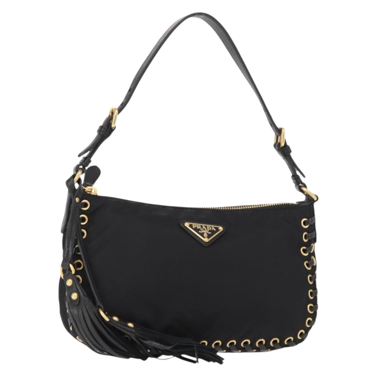 PRADA Shoulder Bag Nylon Black Gold Auth 157682V