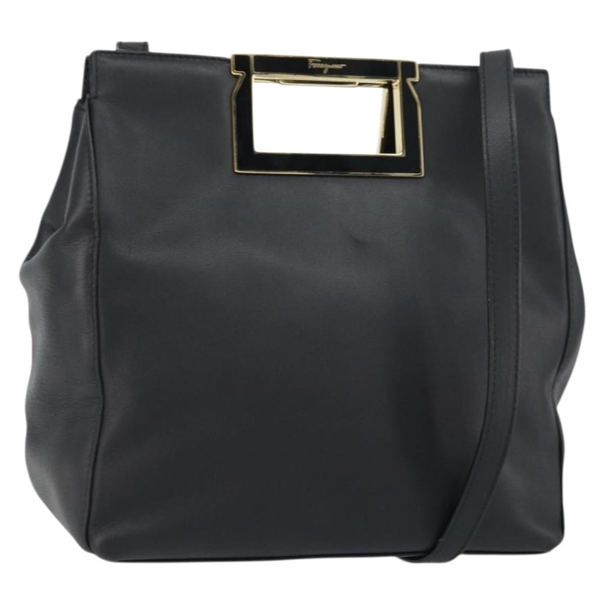 Salvatore Ferragamo Gancini Hand Bag Leather 2way Black Gold Auth 157683