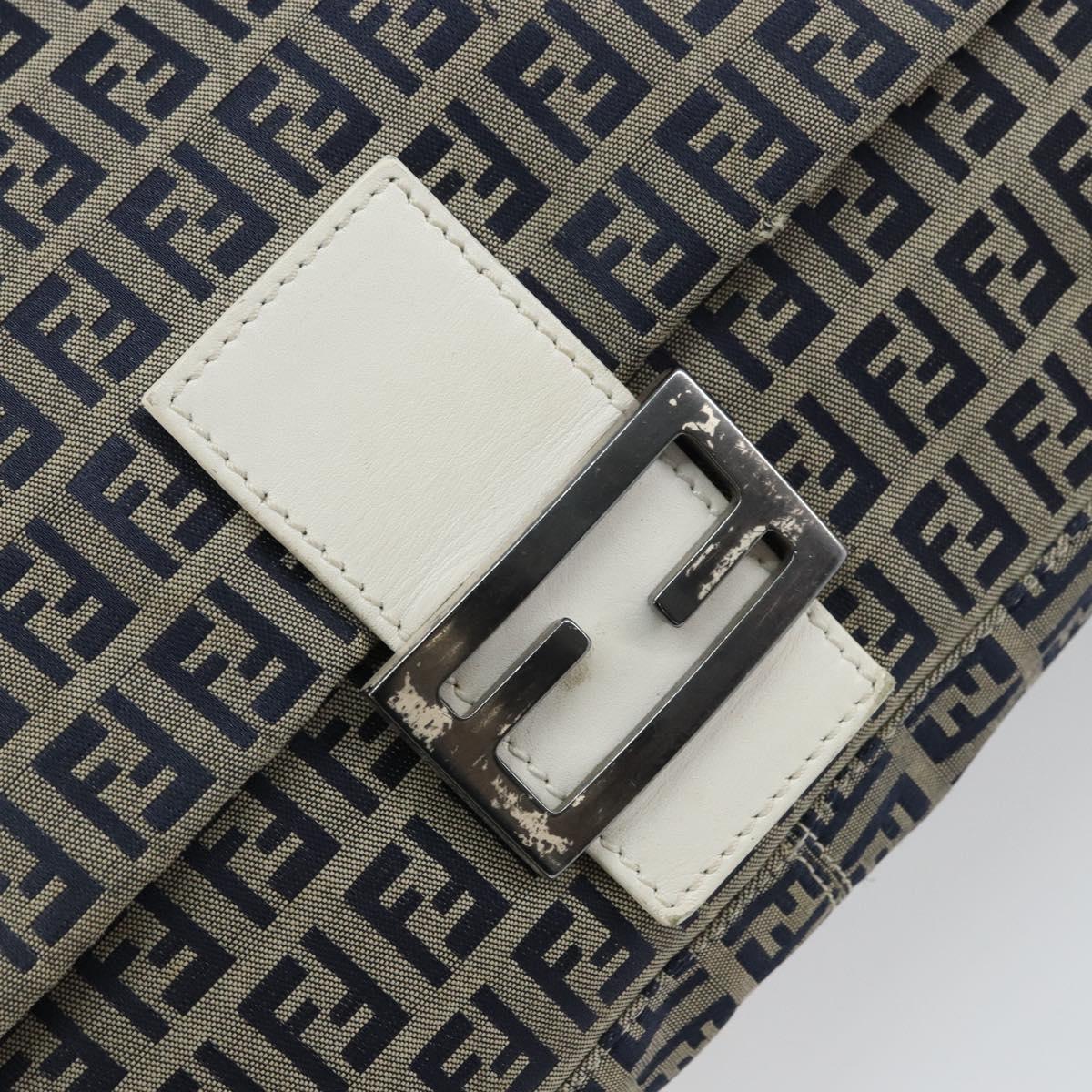 FENDI Zucchino Canvas Mamma Baguette Shoulder Bag Navy Silver Auth 157684