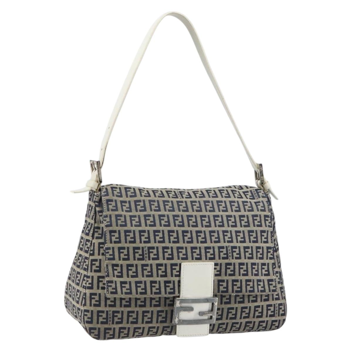 FENDI Zucchino Canvas Mamma Baguette Shoulder Bag Navy Silver Auth 157684