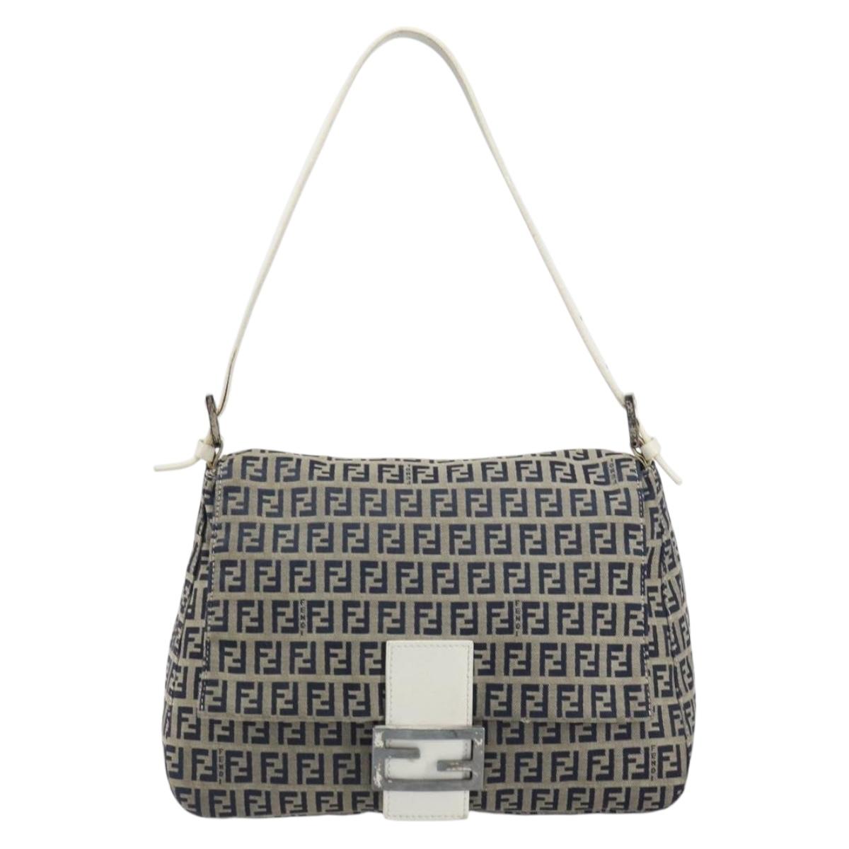 FENDI Zucchino Canvas Mamma Baguette Shoulder Bag Navy Silver Auth 157684
