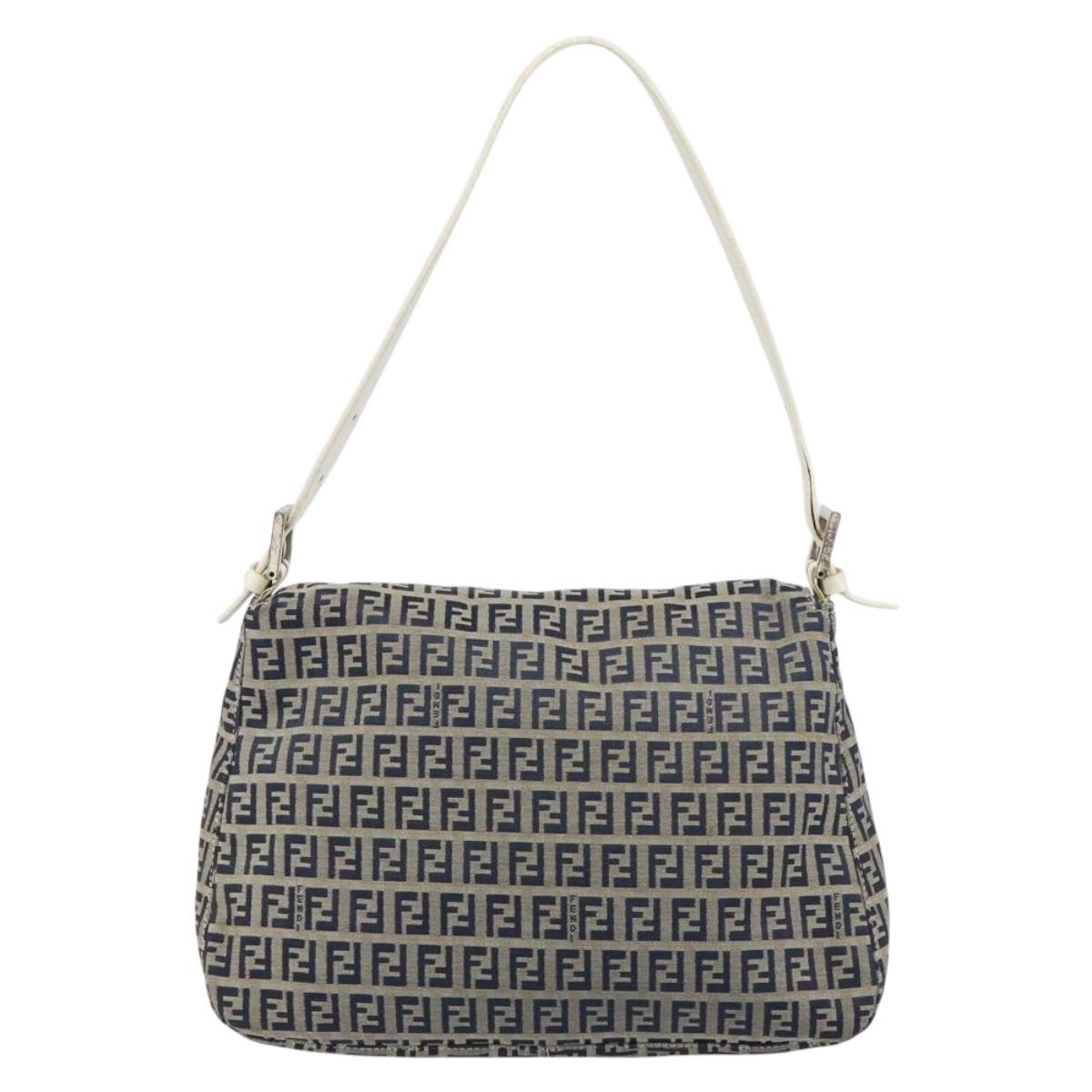FENDI Zucchino Canvas Mamma Baguette Shoulder Bag Navy Silver Auth 157684